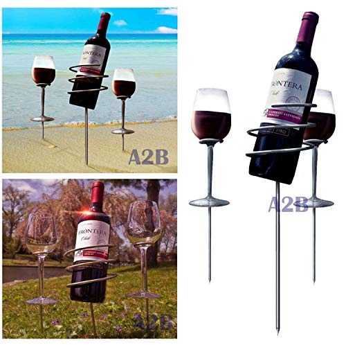 Picnic Wine Bottle Holder Stake Set (3pc) - holds wine & glasses in the ground, prevents from spilling breaking