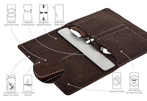 ALMWILD Apple Macbook Pro 13 Hülle, Tasche (Touch Bar, Touch ID). Aus echtem Rinds- Leder und 100% Woll- Filz. Case in Trüffel- Braun mit magnetischer Umschlagklappe aus Echt- Leder in Braun. In Bayern handgefertigt - 3