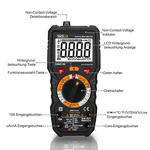 Tacklife DM01M Advanced Version Digital Multimeter Multi Tester mit 6000 Counts, True RMS, 1000V Non Contact Voltage, Temperatur, Live Wire, Beep Kontinuität Test mit hintergrundbeleuchtetem groß LCD anwendbar für DIY(Schwarz/Rot) - 2