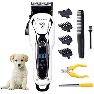[Gesponsert]SURKER Akku Tierhaarschneider Tierhaartrimmer Haustiere Elektrische Haarschneidemaschine wiederaufladbare Tierhaarschneider Schermaschine für Hunde, Katze Nagelschere Nagelfeile für Katzen Hunde LED-Tier-Clipper-Bildschirm mit 4 verstellbare Kämme schwarz und Weiß