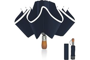 Pioggistar Wiatroszczelny składany parasol, automatyczny parasol wsteczny, parasol przeciwdeszczowy 10 wzmocnionych żeber dla mężczyzn i kobiet, drewniany uchwyt, średnica 105 cm