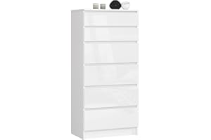 AKORD Cassettiera K60 con 6 Cassetti | Credenza Alta | Moderna Mobiletto per Soggiorno Sala da Pranzo Camera da Letto Corridoio Bagno | Armadio Cameretta | 60x130x40 cm, 43kg | Bianco/Bianco lucido