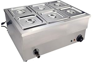 TAIMIKO Bain Marie électrique Chauffe Plat Commercia à 6 Bacs Buffets Chauffant en Acier Inoxydable Contrôle de la température avec Robinet de vidange 1500W 220-240V CE
