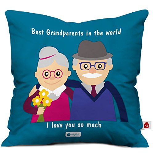 Indigifts Unique Grand Parents Printed Satin Cushion Cover 12X12 With Filler - Blue