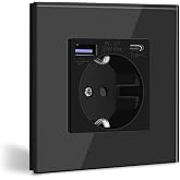 BSEED Wall Plug with USB C 20W,Black Schuko Plug with USB Type C Fast Charger,1 Gang Power Outlet with 2 x USB Chargers and T