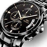 Herrenuhr Mode Luxus Quarz Armbanduhr Wasserdichte Chronograph mit Leder Edelstahl Uhren für Männer (B-Black)