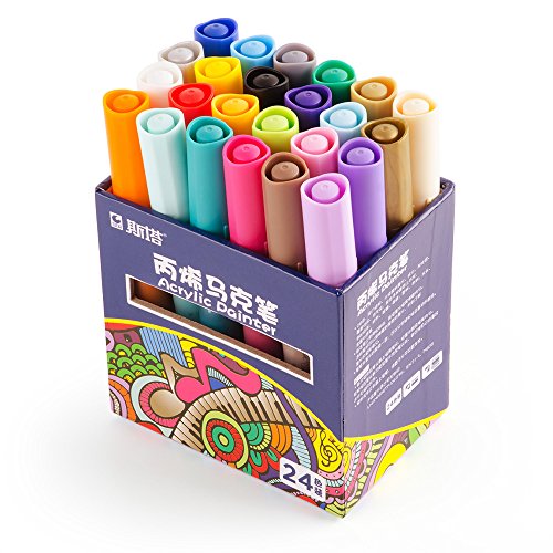STA Acrylic Paint Marker Pens 24 Colors Art Permanent Markers for DIY Glass, Ceramic, Rock, Wood, Canvas, Metal, Fabric, Highly Pigmented Acrylic Pens Great for Beginners, Hobbyists Artist