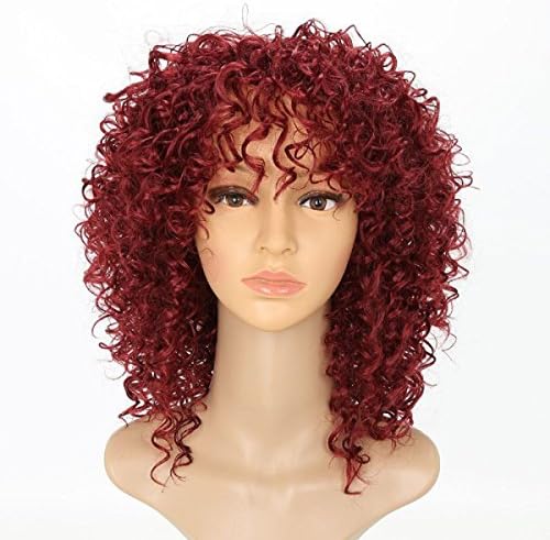 Wellmi Synthetic Wigs For Women Loose Curls Machine Made Wigs Short Curly Heat Resistant Wig Wine Red Color 14inches