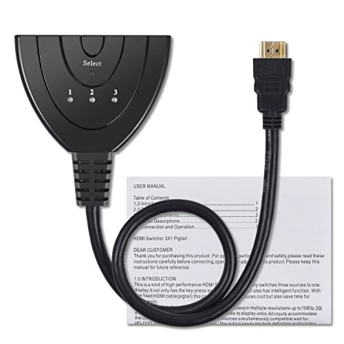 HDMI Switch, 3 Port HDMI Switche mit Pigtail HDMI-Kabel, vergoldete Stecker, 1080p & 3D-Unterstützung, HDMI Switcher Splitter für HDTV, PS3, XBOX ONE, 360, Bluray Player, DVD-Player etc. - 5