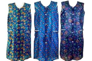 Generisch 1 Stück Kittelschürze bunt mit Knopfleiste, bequeme und abwaschbare Garten- und Haushalts Schürze mit Seitentaschen Dederon Kostüm Oma Kittel DDR Retro Style