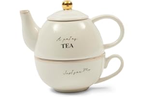 Riviera Maison Théière en porcelaine - Théière avec tasse blanche - Théière avec tasse pour 1 personne - Tasse à thé avec théière - RM Elegant Tea For One - Passe au lave-vaisselle - Coffret cadeau