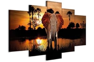 CUADROS B&D XXL B&D XXL - Tableau décoratif animal 200x100 cm - Impression sur toile colorée - Décoration murale - Afrique lac nature palmiers paysage éléphants coucher de soleil animaux g-C-0024-b-m