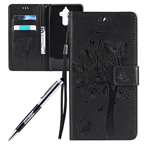 Huawei Honor 8 Case, Huawei Honor 8 Cover, JAWSEU 3D Embossing Tree and Cat Luxury Premium PU Leather Flip Cover for Huawei Honor 8 Protective Skin with Silicone Case Credit ID Card Slots Magnetic Closure Stand Protector Wallet Pouch for Huawei Honor 8 - Tree & Cat, Black