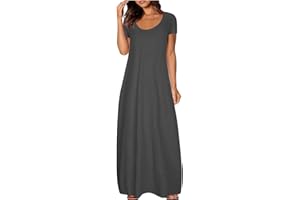 ZHSXERTWY Maxi Dresses for Women UK Short Sleeve Summer Ladies Casual Long Dress Round Neck Plain Sundress Stretchy Loose Fit Plus Size Clothing
