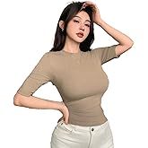 Istyle Can Slim Fit Plain Stretchable Round Neck Rib Knit Short Sleeve Regular Top for Women | T Shirt | Tee