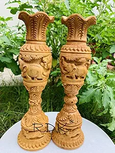 RDK Handcrafted Kadam Wood Animal Carved Flower Vase for Home Decoration (Size:-10 inches, Beige) - Pack of 2