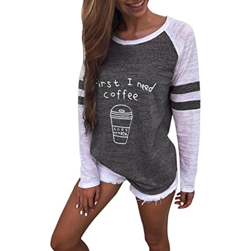 Preisvergleich Produktbild OVERDOSE Damen Lässige Blumen Splice-Streifen Druck Rundhalsausschnitt Pullover Bluse Tops T-Shirt (S, A-Z-A-Dark Gray)