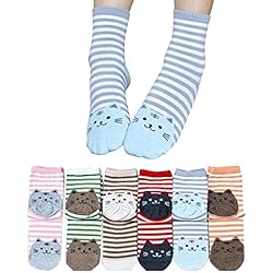 TININNA 6 pares invierno cálido diseño de gato calcetines de rayas calcetines de mezcla de algodón para mujer