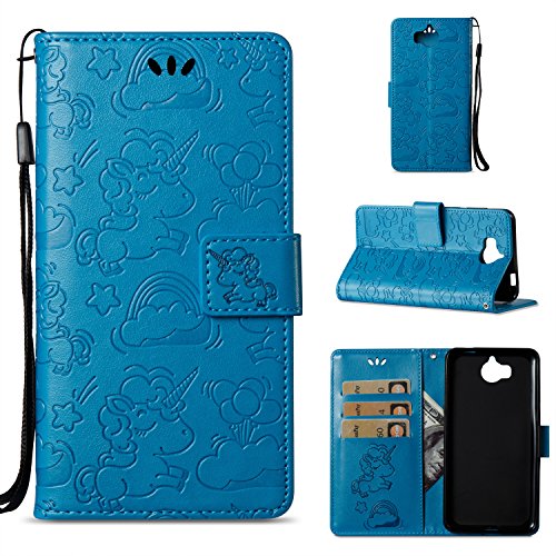 Custodia Huawei Y5 2017, Cover Huawei Nova Young, RosyHeart Portafoglio Protettiva in pelle per Huawei Y5 2017 /Huawei Nova Young /Huawei Y5 III Retro Nube Cavallo Modello Stampata Design Bookstyle Flip Cover Stand Case - Blu