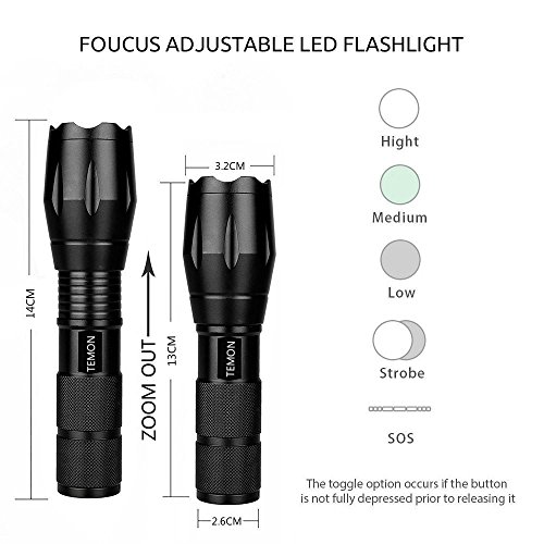 Taschenlampe LED 1000 Lumen CREE T6, 5 Beleuchtungsmodi, Zoomable, Leben 100000 Stunden, für Innen- und Außenbereich - 4