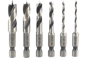 Treki 6 Stück Klein Holzbohrer mit Sechskantschaft 6,35 mm Stubby Holzspiralbohrer mit Zentrierspitze und Vorschneider, Kurzbohrer Set für Hartholz, Weichholz, Sperrholz