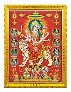 Koshtak Durga maa/ambe/sherawali/nav Durga maa / 9 Form on Tiger Photo Frame with Laminated Poster for puja Room Temple Worship/Wall Hanging/Gift/Home Decor (30 x 23 cm)