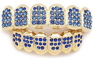 Sadiyamo Diamond Grills Shiny Hip Hop Teeth Grillz Caps Iced Out CZ Top and Bottom Vampire Fangs Grillz for Men and Women