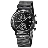 Analoge Quarzuhr Armbanduhr Wasserdichte Uhr Herren mit Fünf Zeiger, Magnet Knopf am Edelstahl Mesh Armband, Casual Fashion (Schwarz)