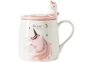 BIGNOSEDEER Kubek Jednorożec Uroczy ceramiczny kubek do kawy z piękną łyżeczką jednorożca, poranny kubek nowość kawa mleko kubek świąteczny prezent dla dziewczyn miłośników jednorożców 380 ml