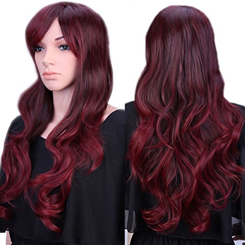 S-noilite® Women's Long Full Head Wigs Natural Curly Wavy Hair Ombre Brown Rose Mix Dark Roots Synthetic Wigs Heat Resistant Fiber 28 Inches