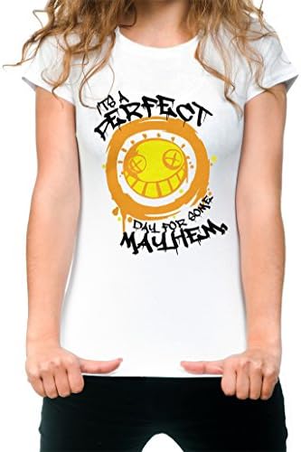 Womens IT'S A PERFECT DAY FOR MAYHEM' OVERWATCH JUNKRAT Blizzard Game Fan Gift Geek Present WHITE T-SHIRT