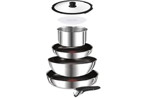 Lagostina Ingenio Inox Set di Pentole e Padelle in Acciaio Inox, Rivestimento antiaderente, 7 Pezzi, Adatto ad Induzione, 1 Casseruola, 2 Padelle, 1 Wok, 1 Coperchio in vetro, 1 Coperchio in Plastica