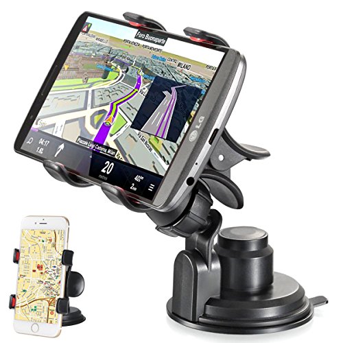 TecHERE EasyClaw Plus - Supporto Universale per auto con ventosa - Porta telefono / smartphone / cellulare per iPhone 6 plus 6 5 5s 5c 4s, Samsung Galaxy S6 S5 S4 S3 S2, Nexus, Lumia, Sony Xperia, LG, HTC, navigatore GPS ed altri dispositivi di larghezza fino a 9 cm - Regolabile con rotazione 360Â° - Colore Nero