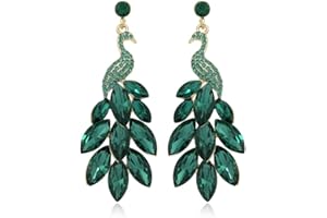 BSLVWG femmes Vintage paon pendentif boucles d'oreilles Boho 14K plaqué or vert cristal plume paon manifeste pendentif pendentif boucles d'oreilles exagération anniversaire vacances bijoux cadeau