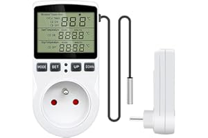 Lotvic Prise Thermostat, Regulateur Température Numérique 230 V 16 A avec Ecran LCD et Sonde, Thermostat Chauffage Refroidissement, pour Serres, Aquariums, Récipients en Verre, Reptiles