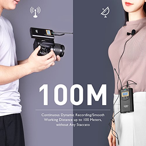 Comica CVM-WM100 48 UHF Canali Professional Omnidirezionale Wireless Lavalier Microfono per Canon 5D II / 5D III, Canon 6D, Panasonic GH5 / GH4, Videocamera, Smartphone (Gamma 328 piedi)