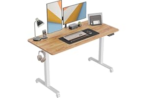 FEZIBO Escritorio de altura regulable eléctrico, 140 x 60 cm, escritorio de pie con control de memoria y tecnología anticolisiones, marco blanco/tablero marrón claro