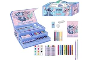 CERDÁ LIFE'S LITTLE MOMENTS Stitch - Set di cancelleria colorata – Kit scuola completo per bambini con matite colorate, pennarelli e accessori a tema Lilo & Stitch per disegnare, dipingere e imparare, Valigetta Stitch
