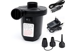 JONZZY Inflador Eléctrico con Enchufe 220V y 12V con 3 Accesorios para Boquillas. Caudal de Trabajo 400 L/min. Hinchador Eléctrico Capacidad hasta 0.5 PSI. Bomba de Aire para Colchon Hinchable.