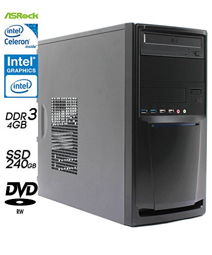 SNOGARD BasicLine lautloser Desktop PC | Intel® Celeron J1900 Quad-Core Prozessor, Intel GMA-HD Grafik, 4GB DDR3 RAM, 240GB SSD + DVD±RW • Noiseless Home Business & Multimedia Center Desktop Computer