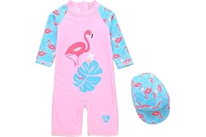 Kinder Badebekleidung Baby Mädchen Badeanzug UV Schutz mit Sonnenschutz Mütze Badekappe Langarm Kinderbadeanzug Schwimmkleidung UPF 50+ Einteiliger Reißverschluss