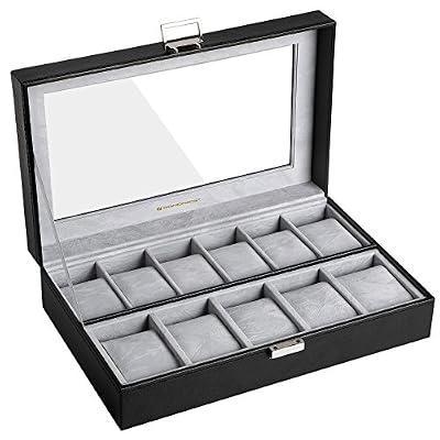 SONGMICS Présentoir à Montres, Boîte à Montres, Plateau à Montres, Grands Compartiments, Revêtement en PU, Velours intérieur, Vitre en Verre, Bonne idée Cadeau, Noir, JWB14BK
