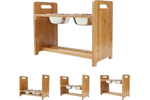 YY FOREYY Adjustable Raised Pet Stand for Cats and Dogs with 4 Bowls, Bamboo Elevated Dog Cat Food and Water Bowls Stand Feeder with 4 Stainless Steel Bowls and Anti Slip Feet(Medium)