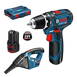 Bosch Professional GSR 12V-15 Perceuse sans fil avec 39 pièces Set d'accessoires, 2 batteries 2,0 AH, Chargeur de batterie avec pochette de rangement, 12 V