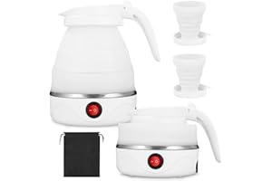 IXYDOR Bouilloire Portable de Camping 600ML,Bouilloire Pliable Avec 2 gobelets pliables,Bouilloire électrique en silicone, Mini Bouilloire de Voyage pour Le Camping, Le Voyage, l'extérieur (Blanc)