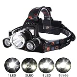 6000 lúmenes Linterna frontal LED de Alta Potencia by aiqi, recargable 3 Cree XM-L T6 Luz Linterna Linterna frontal de cabeza de, impermeable para camping senderismo Caza Ciclismo Running - Faros delanteros (2 x 18650 batería + 1 x Cargador de CA)