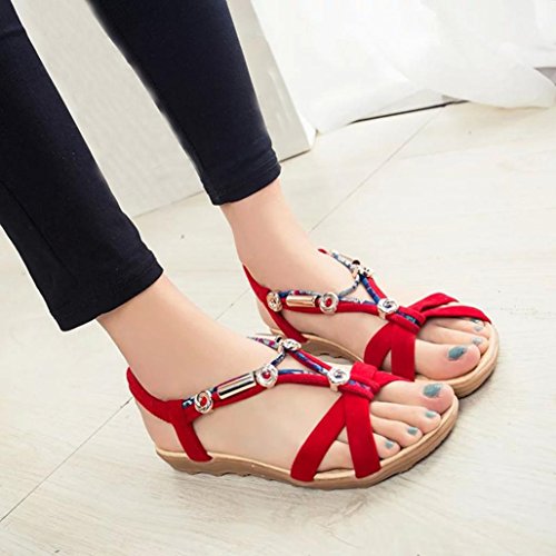 LuckyGirls Sandales D'été pour Femmes, Peep-Toe Romaine Sandales Mode Chaussures Plates pour Dames (41 EU, Rouge)