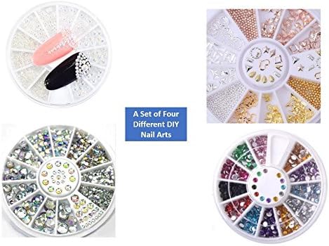 Nail Art Rhinestones 4 Boxes Set, 3D Mixed Size White Pearl Studs Gems Beads, Mixed Shape Metallic Rose Gold Silver Studs, Mixed Size Glitter Diamante Crystals, Mixed Color Acrylic Crystal Rhinestone