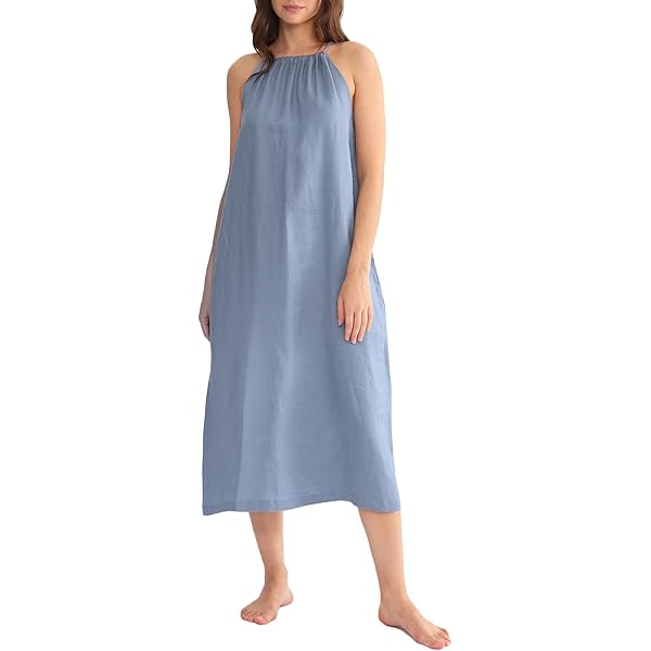 Amazhiyu Linen Dress Women's Sleeveless Summer Dress Linen Beach Dress A Line Midi Dress Leisure Summer Knee-Length Round Neck Dresses With Zip, Blue