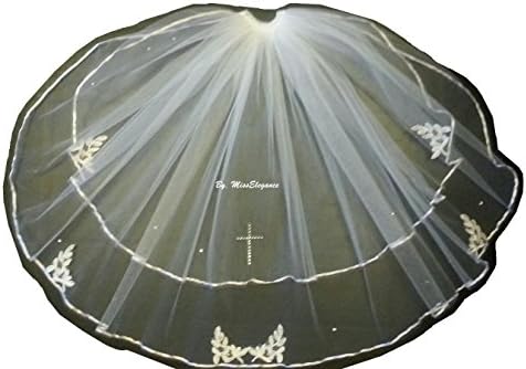 Communion Veil 2Tier First holy communion veil with Diamonte CROSS White , Ivory communion veil (Ivory)